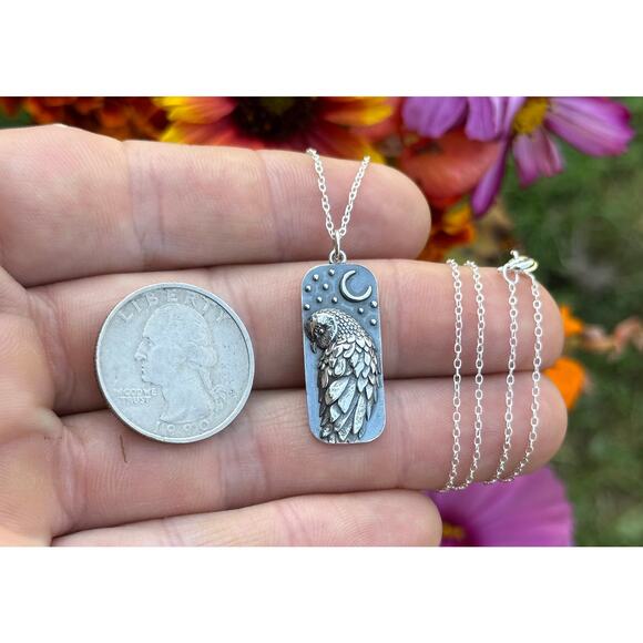 Sterling Silver Barn Owl and Moon Necklace, Silver Barn Owl and Moon Necklace - Picture 4 of 4